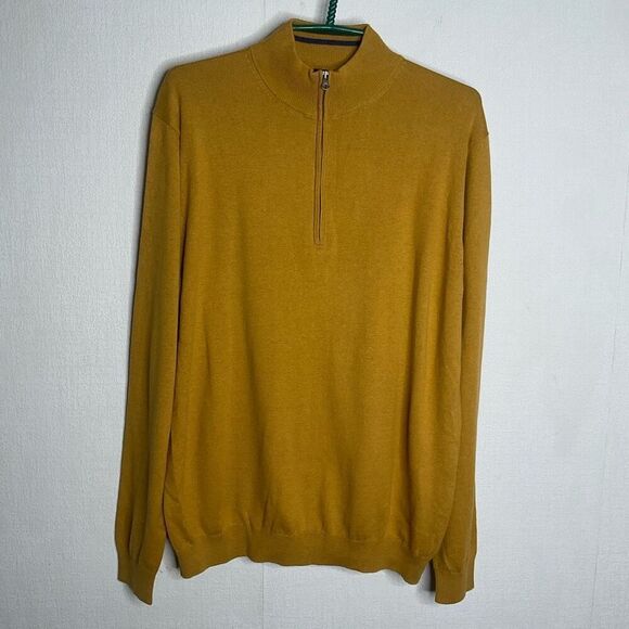 Paul Fredrick Sweater Mens Large Silk Cotton Cashmere 1/4 Zip Pullover Mustard - Picture 5 of 8